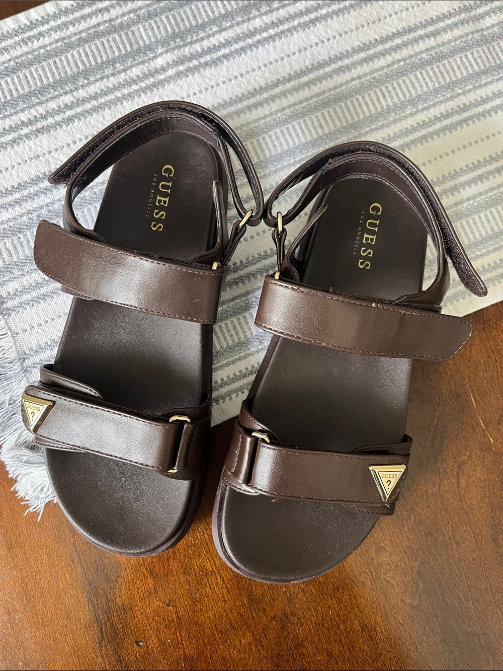 GUESS Dark Brown Strappy Logo Accent Sandals
